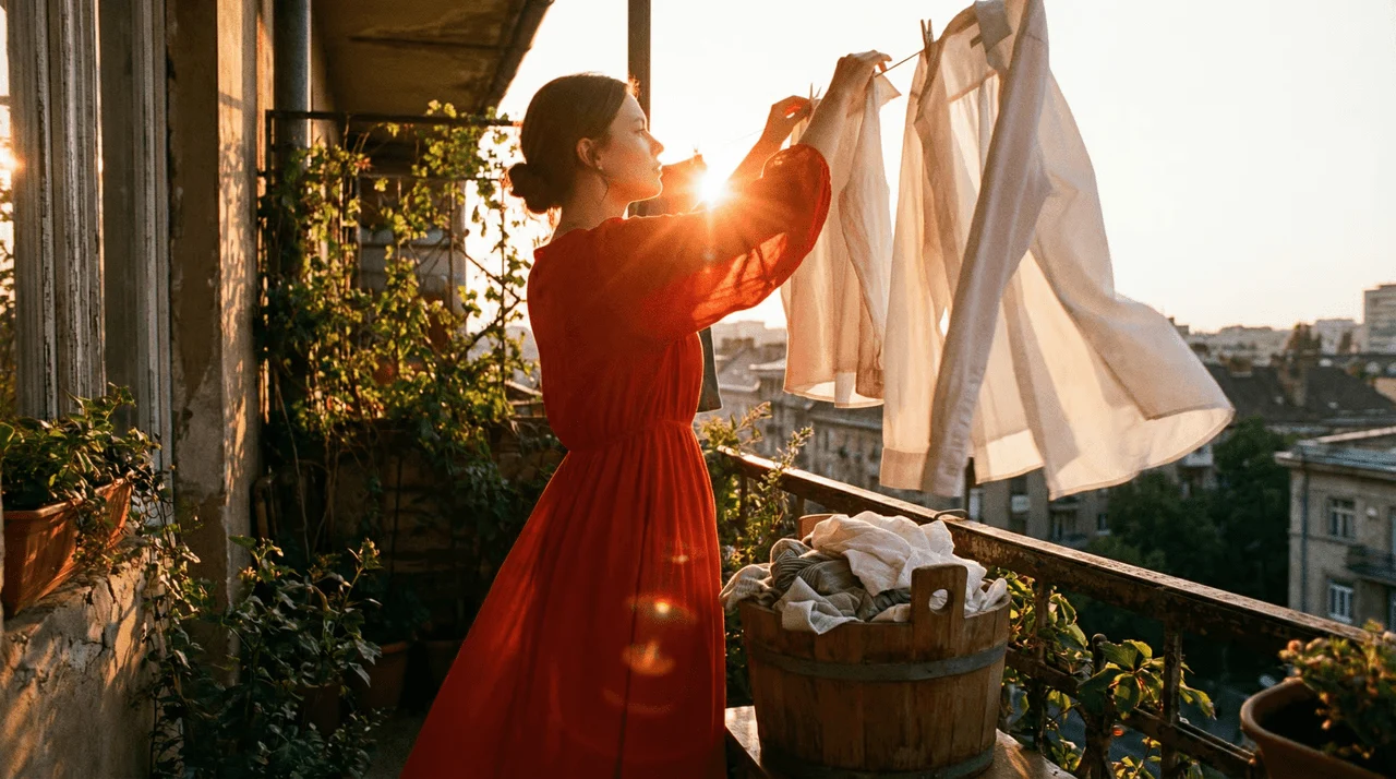Girl drying clothes